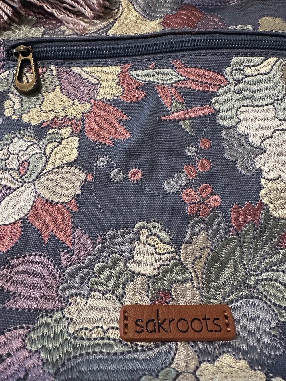 15”w x 11” h Sakroots Slate Blue Floral Embroidered Tote with Pastel Accents